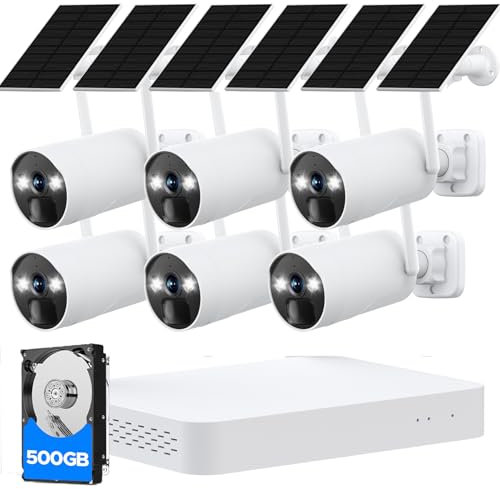 CAMCAMP 4MP Camera Surveillance WiFi Exterieure sans Fil Solaire à Batterie, Kit 6 Caméras avec Homebase, Zéro Frais,Vision Nocturne en Couleur, Alarme Lumineuse Sonore, NVR 10CH 500Go, stockage local