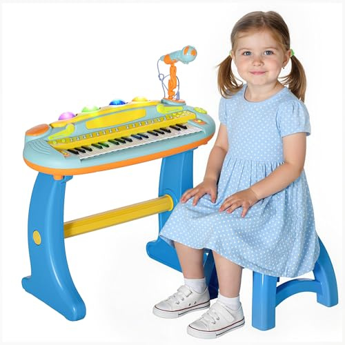 AIYAPLAY Piano Enfant électronique, Clavier de Piano 37 Touches, avec Micro, Tabouret, lumière LED, Fonction d'enregistrement et de relecture, Instrument de Musique Enfant 3 à 6 Ans, Bleu