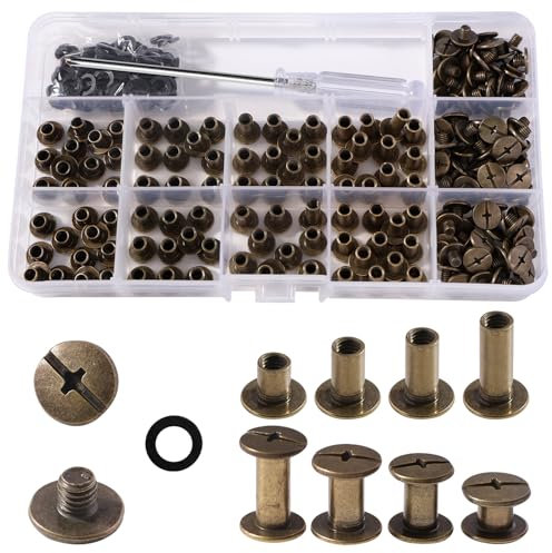 YIXISI 100 Juegos M5 x 5/8/10/12 mm Juego de tornillos Chicago, 4 Tamaños Remaches Cuero Kit, Tornillos de Encuadernación de Libros Kit con Destornillador, para Decoración de Cuero, Bronce