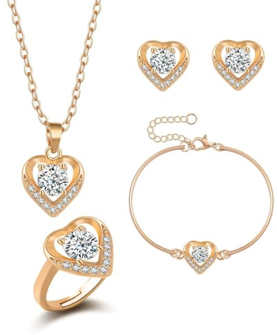 Auriselle Conjuntos joyas circonita mujer, conjunto joyas de 4 piezas colgante corazón, collar, pulsera, anillo pendientes, brillante, collares longitud ajustable, mujeres y niñas, dorado