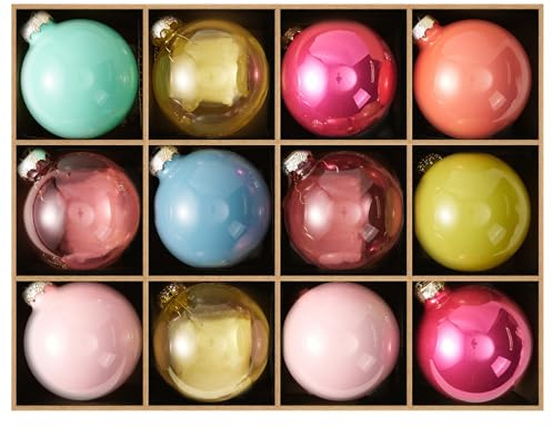 DN DECONATION Weihnachtskugeln Set 12-teilig - Bunte Glaskugeln in Rosa Blau Grün Braun, Christbaumkugeln Set mit Aufhängeschnur für Weihnachtsbaum Deko, Winterdekoration und Festtagsfeier