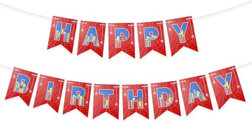 Spider Themed Birthday Banner, Pre-Strung Spiderweb Happy Birthday Sign Cartoon City Design Party Decorations for Kids Boys Baby Shower Supplies