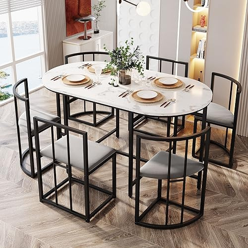 Merax Dining Table and Chairs Set 6, Oval Marble Dining Table-140x80x76 cm and 6 Chairs with Backrests and Gray Cushions(can be stored under the table), White Black frames, for Small Space