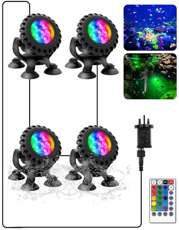 T-SUN Colored Pond Lights with Timer,LED Underwater Pond Light Submersible Fountain Lights for Fish Tank Landscape Spotlight-Remote Control, IP68 Waterproof, Aquarium, Yard (4 Heads)