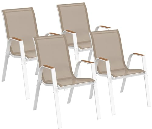 IDMarket - Juego de 4 sillas de jardín apilables NOUMEA en metal y textileno en blanco y madera