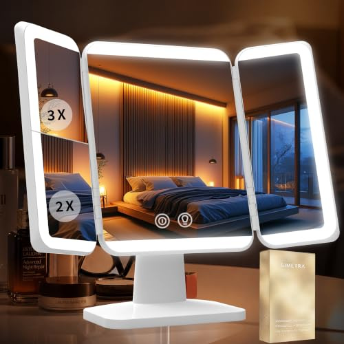 SIMETRA Vanity Mirror with Lighting & Touch Screen, 15.6-inch Rechargeable Trifold Standing Mirrors with 3 Color & Adjustable Brightness, Foldable 3000mAh Cordless Makeup Mirror or Trave,Bedroom,White