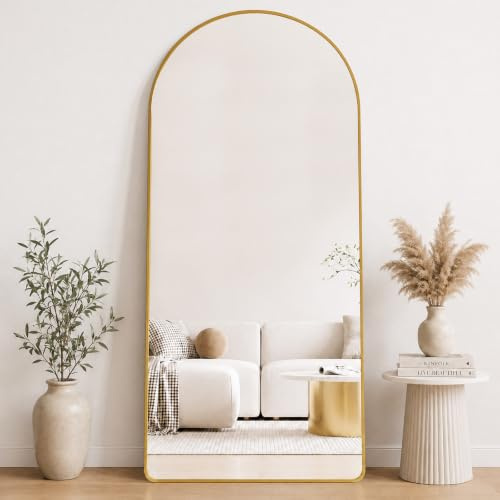 Arched Full Length Mirror with Stand, Floor Length Mirror,76 X 171 Cm, Gold | Freestanding design, Aluminium Alloy Frame, Tempered Glass, Standing Hanging or Leaning for Bedroom Living Room