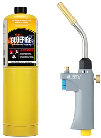 BLUEFIRE BTS-8090 Propane Torch Trigger Start Heavy Duty Gas Welding Head Adjustable Swirl Flame Hand Blow Torch Hold Portable Fuel by MAPP/MAP Pro/Propane Bottle Tank (Torch with MAPP Cylinder)