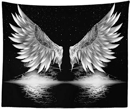 Schwarz Weiß Wandteppich Wandbehang, Ästhetische Trippy Boho Psychedelische Lustige Hippie-Wandteppich Angel Wings Art Decor für Schlafzimmer Wohnzimmer College Wohnheim (230×180 cm (92×72 inch))