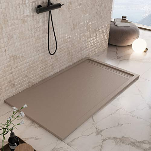 Luminosa ArredoBagno Plato de ducha Marmoresina 80 x 140 cm - Efecto piedra antideslizante con gel - Modelo Berlín Color Moka Cappuccino - Parrilla y desagüe incluidos