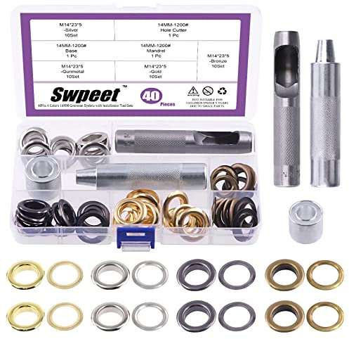 Swpeet 83 pièces - 40 ensembles d'œillets renforcés 9/16 (14mm) de diamètre, 4 couleurs, œillets métalliques avec rondelles et 3 outils d'installation, kit d'œillets métalliques pour réparer toile