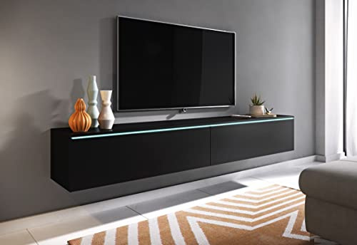 PIASKI - Lowboard D, Mobile porta TV sospeso, 180 cm, colore nero opaco, illuminazione LED opzionale (senza illuminazione LED)