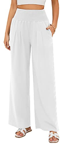 Famulily Pantalon d'été de couleur unie pour femme, coupe ample, décontracté, en lin, jambes larges avec poches, tailles S à 2XL, blanc, L