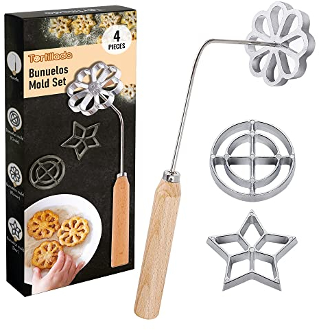 Tortillada - 4 teiliges Bunuelos Set mit Holzgriff Rosetteneisen Waffelförmchen Set mit 3 Formen (Stern, Blume, Kreis)