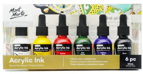 Mont Marte Encre Acrylique supérieure, 6x20ml, Couleurs essentielles, Pour les détails fins et les lavis de couleur, idéal pour l'aérographe, l'art de la coulée, le scrapbooking et le dessin à l'encre