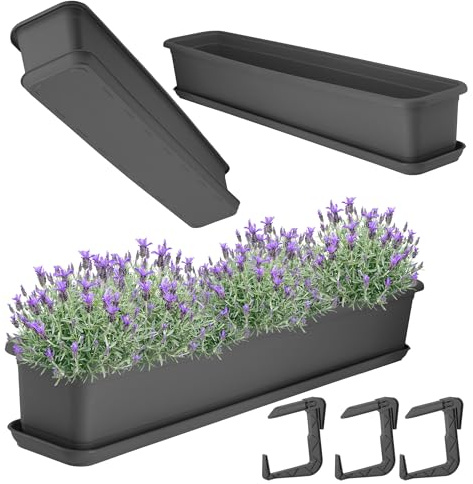 KADAX Blumenkasten 80 cm mit Untersatz und Halterung, Anthrazit – Balkonkasten aus Kunststoff, Pflanzkasten für Innen- und Außenbereiche, Blumentopf für Balkon