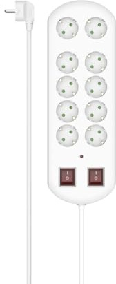 Hama Multipresa 10 prese 2 interruttori e protezione contro sovratensioni – 16 A-3680 W (presa multipla prolunga elettrica 2 m, sicurezza bambino, blocco 2 x 5 prese Schuko compatibile Francia) Bianco