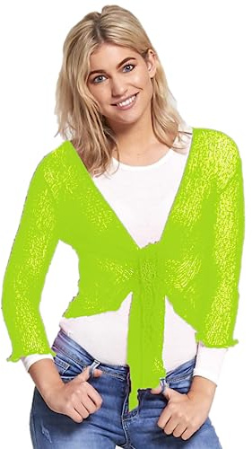 STAR FASHION Women's Plain Fish Net Knotted Tie Up Bolero Shrug Crop Top Ladies Knitted Three-Quarter Sleeve Cardigan Blouse Stretchy Lightweight One Size Fits All 8-14