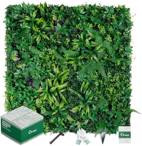 Grooy Paneles de boj artificial, paneles de pared de césped de 20 x 20 pulgadas (12 piezas), pantalla de valla de seto de privacidad con protección UV, telón de fondo de vegetación falsa para