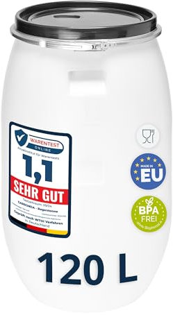 Garronda réservoir d'eau de 120 litres, Baril Alimentaire, fût à Large Ouverture en HDPE et sans BPA, tonneau de Jardin, bac à Aliments pour Animaux, conteneur d'eau, tonneau Universel GD-0078, Blanc