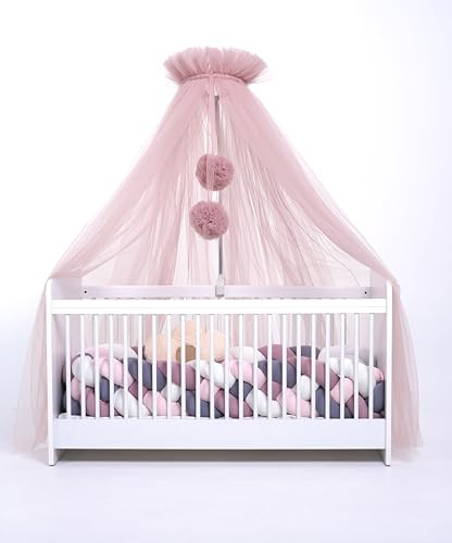 Baldacchino in tulle, baldacchino per culla, culla principessa, lettino per bambini, zanzariera, decorazione per la cameretta dei bambini, 165 cm, con pompon, tortora (rosa antico)