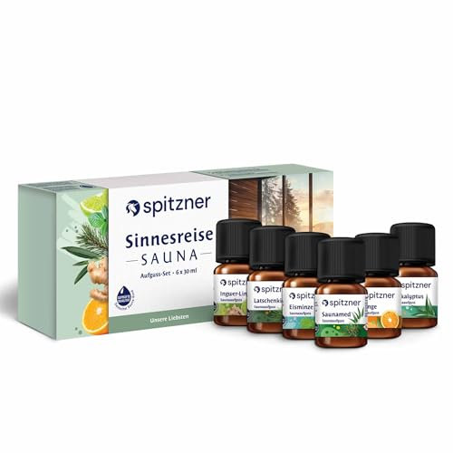 Spitzner Saunaaufguss-Set „Sinnesreise“ | 6 Düfte à 30 ml: Eisminze, Ingwer-Limette, Orange, Eukalyptus, Latschenkiefer & Saunamed | Perfektes Geschenk für Sauna-Liebhaber