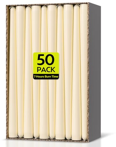 Taper Dinner Candles, Non-Drip Table Candlesticks, Unscented Ivory, 7-Hour Burn Time, Long-Burning Tapered Candles, Paraffin Wax with Cotton Wicks, 50 Pack