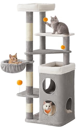 Feandrea Kratzbaum, 152 cm hoch, mehrstöckiger Katzenbaum mit 2 großen Höhlen, 1 Liegemulde, 3 Kratzstämmen, 3 Plattformen, Katzenkratzbaum, Taubengrau PCT007G01