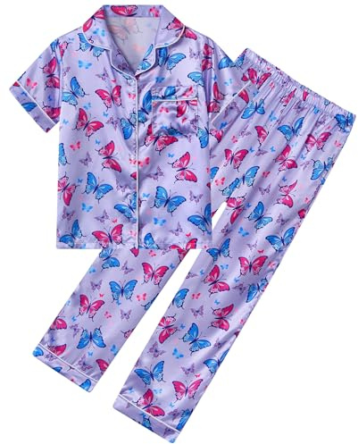 Fanient Girls Silk Pyjamas Set Colorful Printed Sleepwear Button-Down Pjs Short Sleeve Satin Nightwear for Girl 7-14 Years