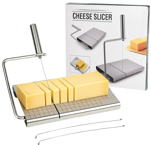 XCDMJ Cortador de queso de acero inoxidable para queso y mantequilla, cortador de queso con tabla y rejilla de medición, cortador de queso intercambiable para queso bloque y mantequilla, apto para