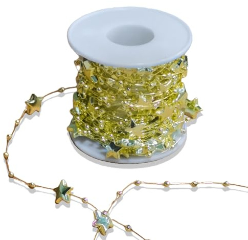 Christmas Tree Beads,1 Roll 8m Bead String Garland Decorations Tinsel Chain Pearl Beaded Table Bauble Hanging Ceiling Chains Decoration,for DIY Craft Xmas Stairs Wedding Costume Supplies (Gold)
