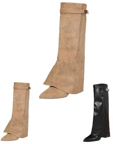Dam Overknees stövlar läder – knähöga stövlar dam vikbara slouchy stövlar med dragkedja på sidan lång får slip-stövlar spets höga klackar eleganta festliga kvällsskor