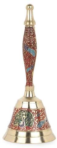 Solid Brass Hand Call Bell - Brass Ghanti for Pooja - Puja Bell for Temple - Bell for Wedding Events Decoration, Food Line, Alarm, Jingles, Ringing, Service Bell (Red) | 6.30 inch | Hashcart®
