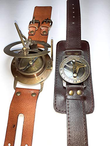 Reloj de pulsera Steampunk con brújula de latón y reloj de sol con correa de cuero, reloj solar de aprox. 15.4 x 6.4 x 2.9 pulgadas, Marrón, Antiguo