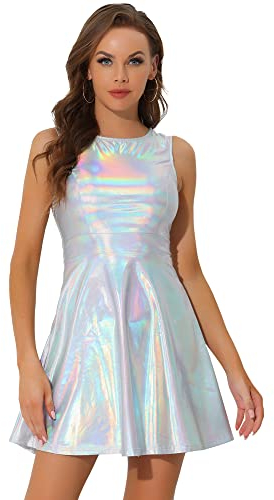 Allegra K Damen Ärmellos Partykleid Glitzer Rundhals A-Linie Holografisch Metallic Kleid Silber L