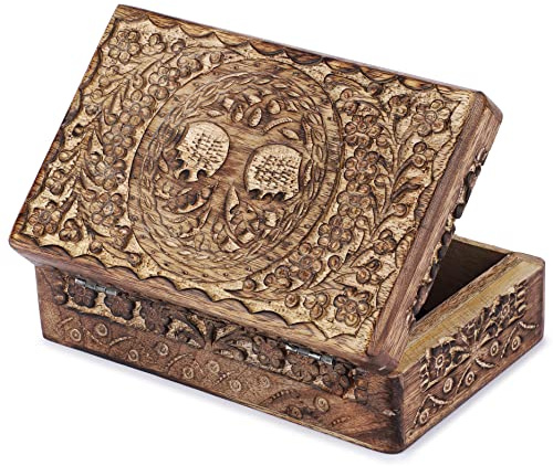 Ajuny – Scatola decorativa in legno, intagliata a mano, con albero della vita, colore naturale, versatile, utilizzabile come portagioie o scatola per orologi