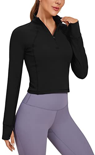 CRZ YOGA Women's Butterluxe 1/2 Zip Long Sleeve Shirts Sports Crop Tops Gym Sweatshirt Running Cropped Jacket Pullover with Thumbhole Black 10