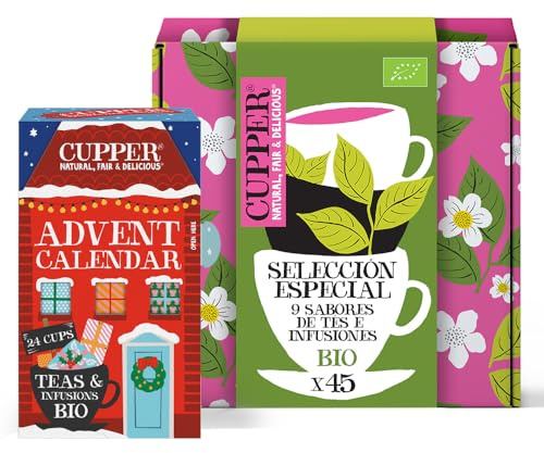 Cupper Pack Varios Sabores - Estuche con 9 variedades y 5 bolsitas de cada sabor de infusiones ecológicas + Calendario de adviento ecológico - estuche con 24 bolsitas de infusiones y tés