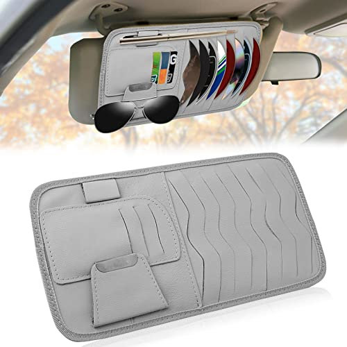 Car Visor CD Case Holder, Universal Sun Visor Organizer Pocket Storage Pouch with 8 DVD Storage Sleeves, 3 Card Holders, Sunglass Holder and Pen Holder(Grey)