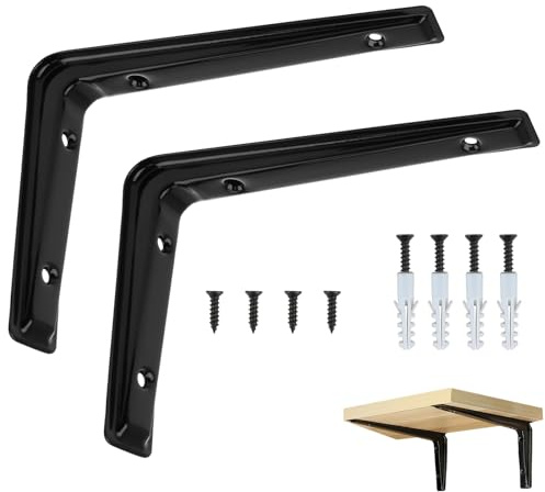 2Pcs Black Shelf Brackets 6.7in Heavy Duty Wall Mounted Right Angle Shelf Support Brackets Modern L Metal Floating Bookshelf Bracket for Board Shelving Furniture Tables Storage Rack, 170×120mm