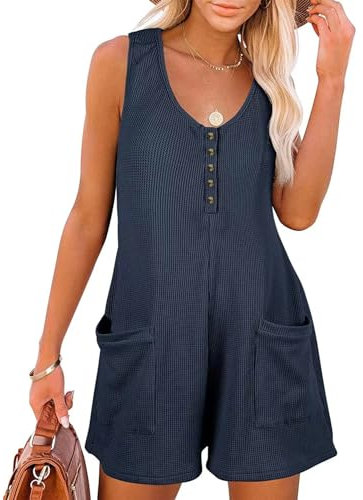 MINTLIMIT Womens Rompers Sleeveless Button Down V Neck Waffle Tank Top Casual Summer Short Jumpsuits with Pockets