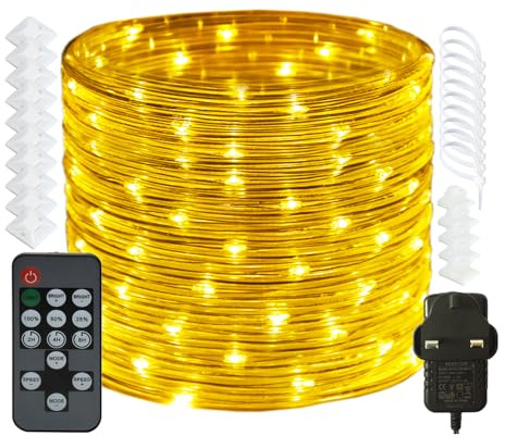 RcStarry 20M/66Ft 200 LED Dia 3MM Rope/Wire Lights Warm White, Dimmable Indoor/Outdoor IP67 Waterproof Fairy Lights Plug in with Remote, Memory, Timer, for Garden, Patio, Deck, Bedroom and More