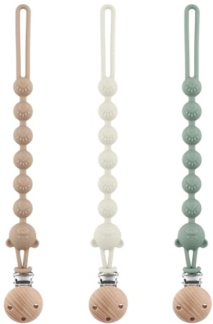 DOUUCO Lot de 3 Attache Tetine Silicone, Attache Sucette avec Une Seule Pièce Silicone, Accroche Tétine Bebe, sans BPA, pour Garçons et Filles Pacifier Chain Chaîne (Gris Clair + Vert + Kaki)