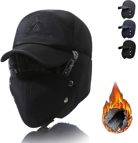Gorro cálido Winter Essentials, 3 en 1 Gorro cálido Winter Essentials, Gorro de trampero con Forro de Piel térmica, Gorro de trampero Peludo Tozuor con Solapa de Oreja Cubierta (58cm,Negro)