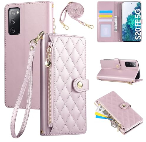 Rosbtib Fodral för Samsung Galaxy S20 FE Premium PU läderfodral med axelrem och stativfunktion flip-fodral kreditkortshållare Galaxy S20 FE fodral - rosa