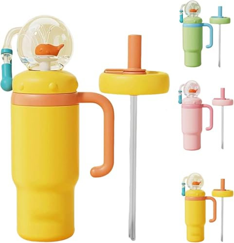 24oz Stainless Steel Whale Fountain Tumbler with Handle, Cute Fountain Tumbler with Fun Fountain Effect, Two Lids, Spill-Proof, Dishwasher Safe for Kids, Teens & Adults-Yellow