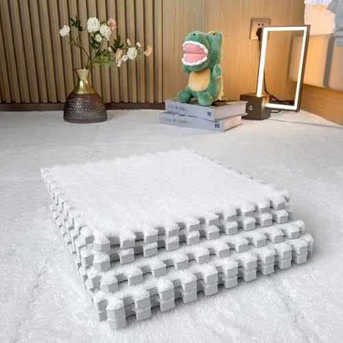 Yunlaishaocer Pack of 12 Plush Puzzle Mat Floor 30 x 30 cm Carpet Tiles Floor Mats 10 mm Thick Soft Play Mats for Children Living Room Bedroom Puzzle Rug (White)