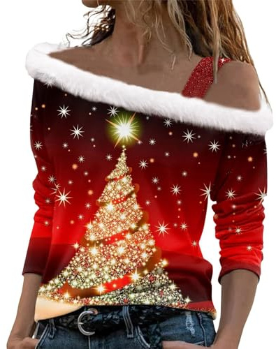 Pull Moche De Noel Femme, Chemise Noel Femme Top à Épaules Dénudées Manches Longues Christmas Mode Original Tunique Drole Moche Chic Lumineux Tee Shirt