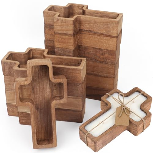 HEYTIMI 12 Pack Wooden Cross Dough Bowls, 7.42 x 4.33 Paulownia Wood Dough Bowl Set for Candle Making, Rustic Farmhouse Decor, Religious Ceremony Centerpiece, Christian Faith Gifts