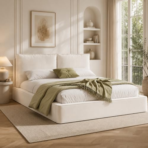 Zepneiy Lit 160x200 avec Sommier avec 13cm Tete, Lit Coffre 160x200 avec Rangement, Double Hydraulique avec à Lattes Rembourré 2 Personnes, Capitonné Cadre de Chenille(sans Matelas)